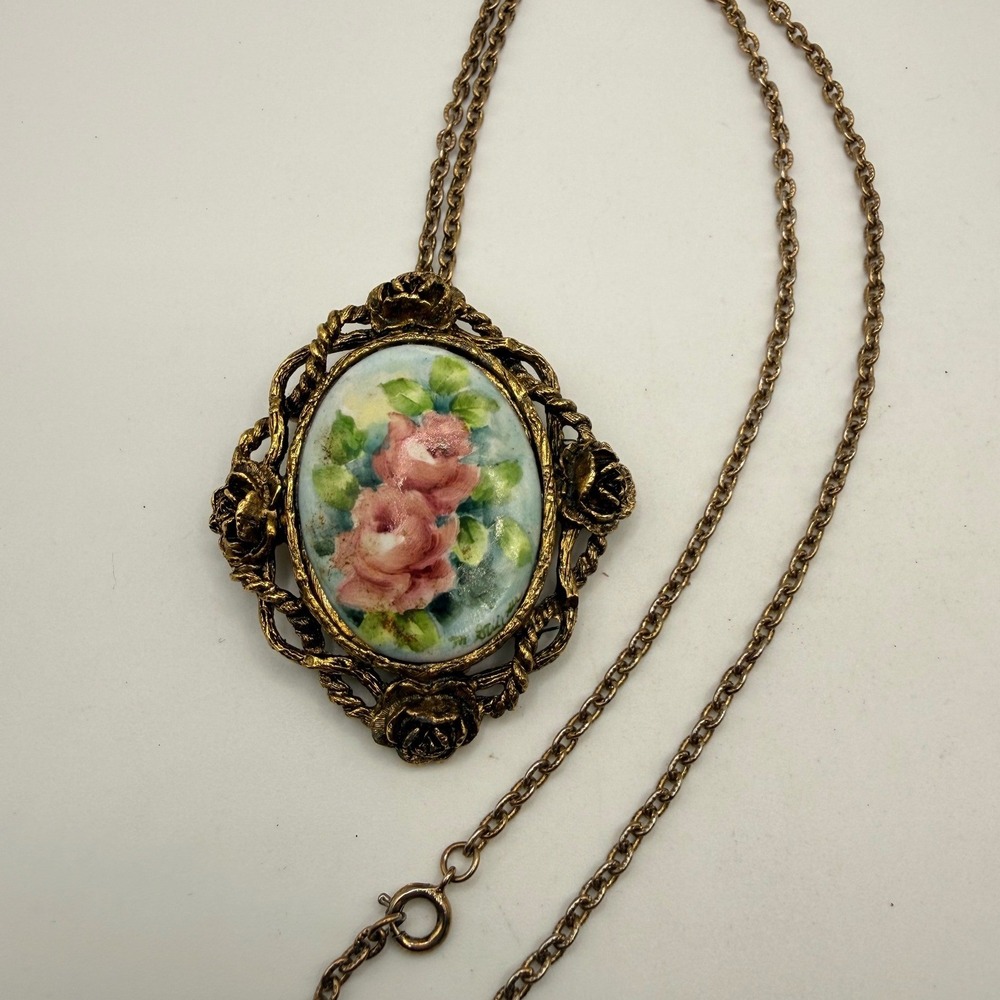 Vintage Hand Painted Porcelain Rose Pendant Necklace Brooch Gold Tone Floral 22"